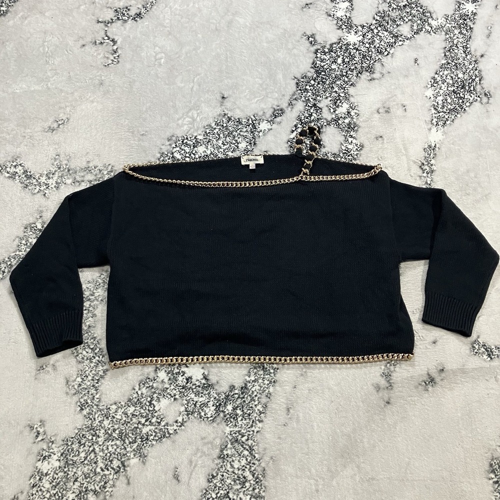 L'Agence Black Cropped Sweater Gold Chain‎ Trim Boat Neck Knit Top L/XL